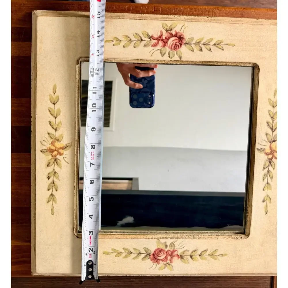 Vintage Hand-Painted Rose Floral Mirror, Cottagecore Shabby Chic Wall Decor